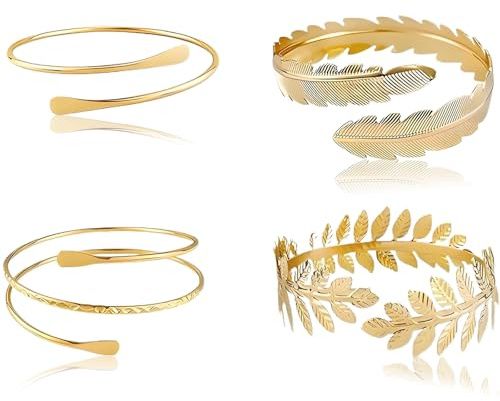 4 Pcs Gold Arm Cuffs Set, Upper Arm Bracelet for Women Open Armlets Armband | Coil Gold Cuff Bracelet Jewelry,Feather Bangles Set, Minimalist Style, Fashion Jewelry