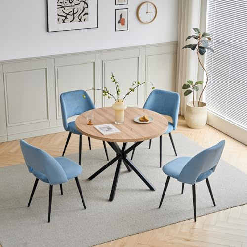 JZGORC Esstisch und Stuhlset, 100 cm Runder MDF Esstisch, 4 Gepolsterte Küchenstühle aus Cord mit Hohlrückenlehne, für Esszimmer, Wohnzimmer, Küche (Helle Farbe + Blau)