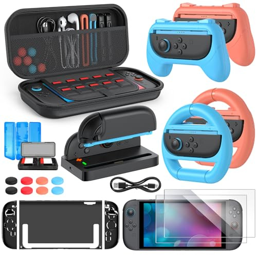 Switch 2 Zubehör Set, 24-in-1-Set, Switch 2 Hülle, 2 Displayschutzfolien, Ladestation für Nintendo Switch 2 mit Kabel, 2 Lenkräder, Joy-Con 2 Schutzhülle & 2 Griffe, 8 Daumengriffe, 2 Spie