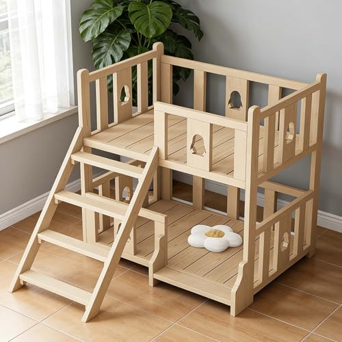 Blazea 2-Tier Bedside Pet Bunk Bed for 2 Dogs, Heavy Duty Wood Raised Dog Bed with Stairs, Indoor Space Saving Dog Furniture Attachment to Human Bed(Large)