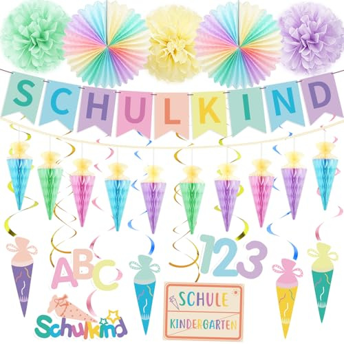 iZoeL Einschulung Deko Schulkind Girlande Zuckertüte Pompons Fächer Party
