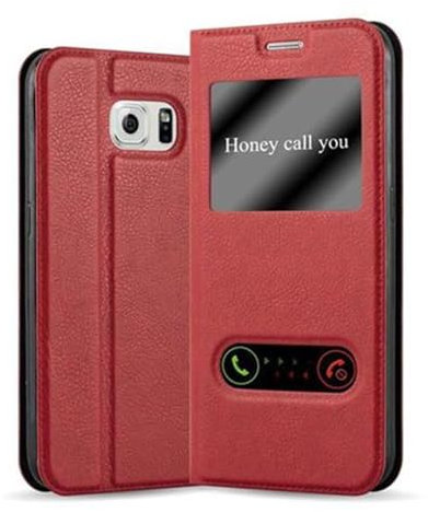 Cadorabo Hülle kompatibel mit Samsung Galaxy S6 in Safran ROT - Schutzhülle mit Magnetverschluss, Standfunktion und 2 Sichtfenstern