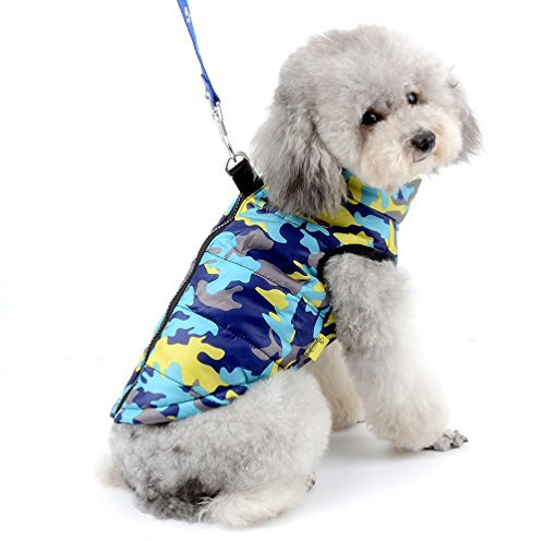 SELMAI Camo Waterproof Small Dog Cat Winter Coat Quilted Vest Jacket Harness with D-ring Pet Puppy Puffer Coat Chihuahua Cold Weather Clothes Apparel Blue XS