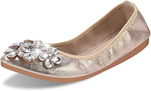 QIMAOO Womens Ballet Flats Pumps Foldable Ballerina Shoes for Women Ladies Flat Shoes Roll up Shoes Slip on Dolly Shoes Gold 4.5UK