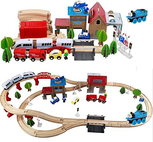 88 Piece Wooden Train Tracks Train Station Set Wooden Tracks & Electric Train Toys Brio Bigjigs Compatible with Free Thomas for Kids 3+ Years Old Girls Boys