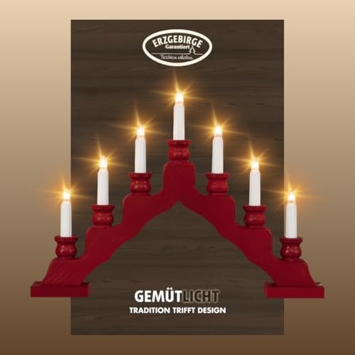 weigla - Schwedenleuchter original Erzgebirge I Trendiger Schwede BORDEAUX I Schwibbogen Weihnachten I 7 Lampenkerzen + 1 Ersatzlampe I 7 x 34 V, 3 W, E10 I Weihnachtsdeko innen I Kiefernholz
