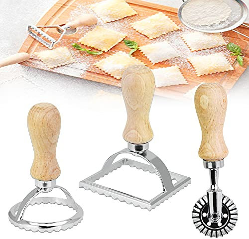 BUENTYA 3 PCS Cortadores de Raviolis Corta Ravioles con Mango de Madera Moldeador de Ravioles Molde para Hacer Pasta Molde para Empanadillas para Hacer Raviolis, Empanadillas o Galletas