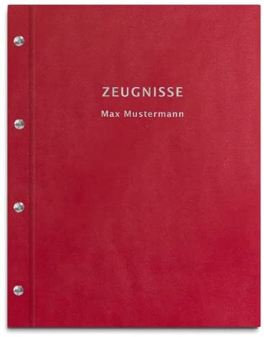 Personalisierte Zeugnismappe in roter Lederoptik – 2-zeiliger Wunschtext als Prägung – 12 Hüllen für DIN-A4 Dokumente
