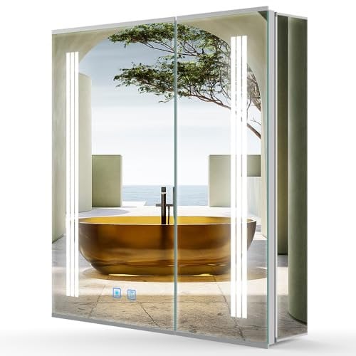 LUMIRRORS® Bathroom Mirror Cabinets with Shaver Socket and Lights 60x70cm 2 doors Wall Mounted illuminated LED Bathroom Cabinet with Mirror Anti-fog Touch Switch Sliding Glass Shelves Aluminum Silver