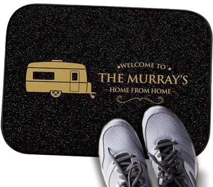 Personalised Caravan Mat - Small Black & Gold custom door mat Mat 44cm x 32cm | Camping accessories