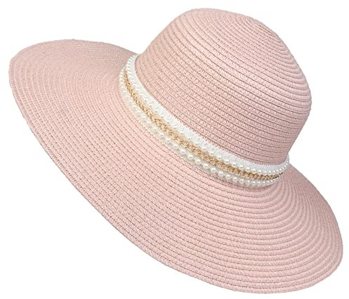 JK Home Femme Chapeau de Plage Panama en Paille Anti Soleil avec Ruban Large Bord Mariage Cérémonie Eté Rose