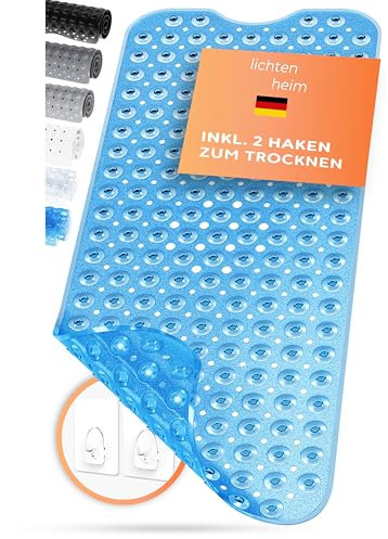 LICHTENHEIM Duschmatte rutschfest Sensitiv 100x40 cm - INKL 2 Haken - Badewannenmatte rutschfest - Antirutschmatte Badewanne BPA frei - Badematte schimmelresistent & waschbar (Blau-Durchsichtig)