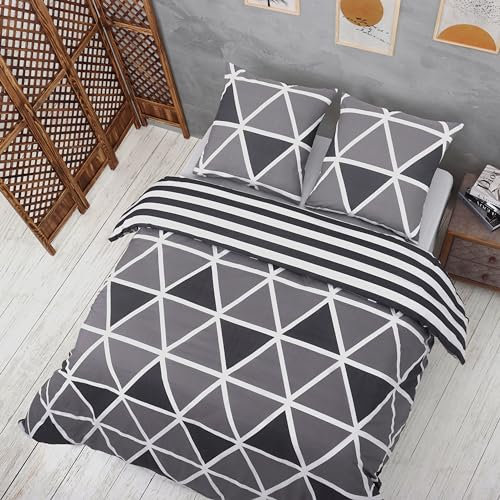 Vency Housse de Couette 200x200 3-Pièces Gris - Oeko-TEX 80% Coton & 20% Polyester, 1x Housse de Couette avec Fermeture éclair + 2X taies d'oreiller à Fermeture enveloppe de 65x65 cm, Modèle Stripe