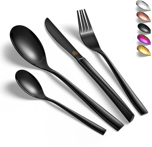 Vancasso Black Cutlery Set for 6 People, 24-Piece Tableware Set for Home, Restaurant, Party - Knife, Fork, Spoon Set - Square Edge, Mirror Polished