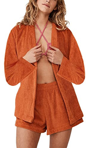 Dubute Completo sexy da donna, 3 pezzi, in pile, aperto sul davanti, cardigan, pantaloncini, pigiama, loungewear, Caff, S