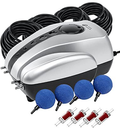 AquaMiracle Kit d'aération de bassin avec pompe à air Koi Aérateur de bassin pour étang jusqu'à 2 000 gallons Système d'aération tout-en-un avec tube d'air à 4 sorties d'air Clapets anti-retour