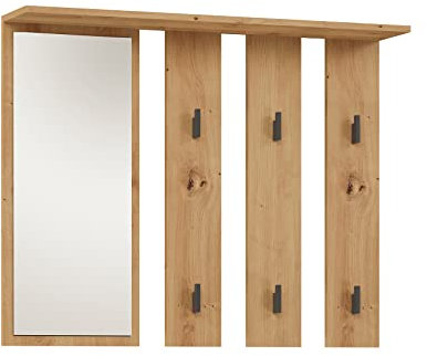 CDF Garderobe Parma | Farbe: Eiche artisan| Platz für Kleidung, Mäntel, Jacken | Ideal für Flur, Flur, Büro, Büro | 6 Haken | Regal | Großer Spiegel