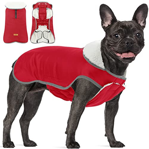 Hundemantel mit Bauchschutz, Wasserdichter Hundemantel Winter Warme Jacke, Fleece Hundejacke Französische Bulldogge, Haustier Hund Warm Mantel Kleidung für Kleine Mittelere Große Hunde, Red L