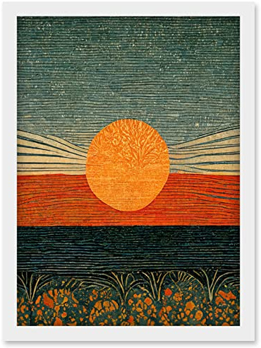 Doppelganger33 LTD William Morris Style Sunrise Over Sea Abstract Artwork Framed Wall Art Print A4
