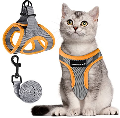 FAYOGOO Katzengeschirr Ausbruchsicher mit Leine, Katzengeschirr Fluchtsicher & Verstellbar Katzenleine mit Reflektorstreifen für Nächtliche Sicher & Bequem für Katzen, Grau L