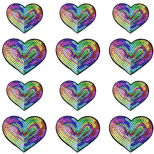 Weenkeey 12 Stück Herz Pailletten Patches Liebe Herz Aufbügeln Applikationen Bling Herz Gestickte Aufnäher für Kleid Jeans Jacken Hüte Taschen Schuhe - 2 Größen Mehrfarbig