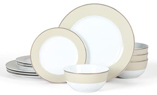 Martha Stewart Gracie Lane Geschirr-Set, Porzellan, splitter- und kratzfest, dekoriert, Sharkey Grey mit Goldrand, 12-teilig