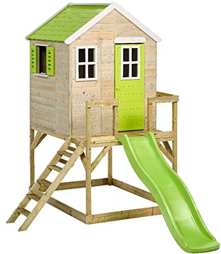 Kangui - Maison de Jardin Enfant extérieur - Cabane en Bois avec Plateforme et Toboggan - Toit étanche - Vert et Blanc