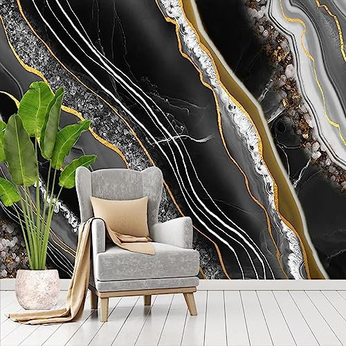 GIVLWF Papier Peint Panoramique de Agate Marbrée Microcristalline, Texture Dorée Noire Abstraite Poster Murale Intissé - pour Chambre Salon Décoration Murale - 300 x 210 cm