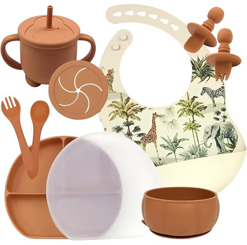 Vajilla Bebe de 11 Piezas | Vajilla Bebe Silicona sin BPA | Incluye: vaso aprendizaje bebe, precucharas bebe blw, babero silicona bebe, plato bebe ventosa, cuenco y tapa | Vajilla Infantil | Con caja