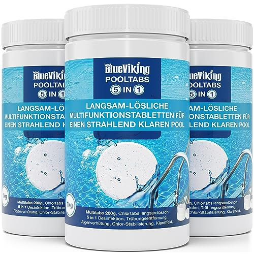 BlueViking Chlortabletten für Pool 5 in 1 - Hochwirksame Multitabs Pool 200g im 3X 1kg Eimer - Chlor Pool Tabletten in EU Premium-Qualität - Einfache, Sichere und Effiziente Poolpflege