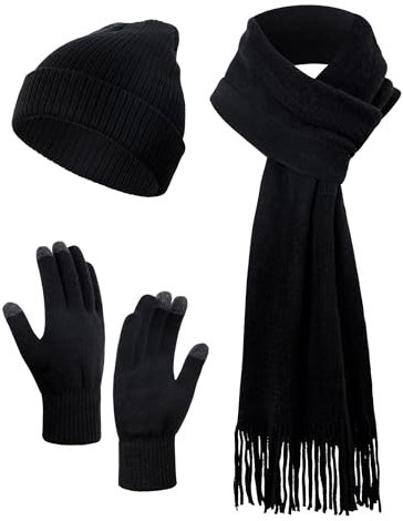 Kiiwah 3-Teiliges Wintermütze, Schal & Handschuh Touchscreen -Sets für Damen Und Herren, Klassisch, Weiche, Dehnbare Strickmütze, Winterhandschuhe und Weiche Kaschmir Schal Lang (Einheitsgröße)