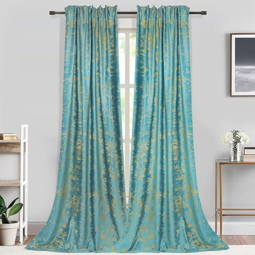 Rosnek Samt Vorhang Blickdicht 2er Set,H244xB132CM Gardinen Kräuselband mit Heißprägen Muster,Thermogardine Verdunklungsgardine mit Multifunktionsband,Mint