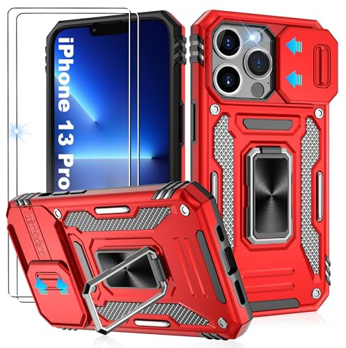 Jshru for iPhone 13 Pro Case with Screen Protector [2 Pack] and Slide Camera Cover,Military Grade Shockproof,Ring Kickstand Phone Cover for iPhone 13 Pro,Red