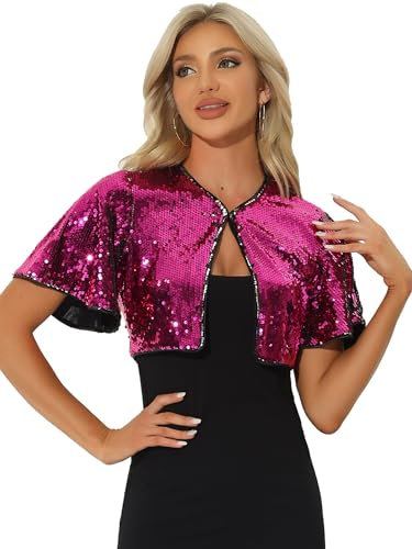 Allegra K Bolero con Lentejuelas para Mujer de Manga Acampanada Bolero Corto Brillante de Manga Corta Disfraz de Halloween Fucsia S