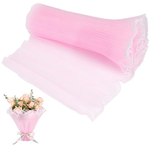 BENECREAT 400x27.5cm Rosa Blumen-Geschenkpapier, Perlenrand-Blumenstrauß Blumenverpackung, Netzpapier Faltiges Gewelltes Netzgarn Für Valentinstag, Weihnachtsblumen Geschenkverpackung