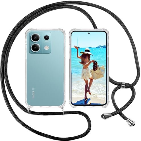 ISOI Funda con Cuerda para Xiaomi Redmi Note 13 5G, Carcasa Transparente TPU Suave Silicona Case con Correa Colgante Ajustable Collar Correa de Cuello Cadena Cordón, Negro