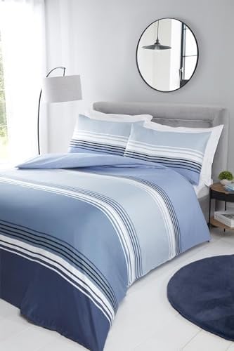 Rapport Home Blue Striped Microfibre Double Duvet Cover Set Soft Chicago Non iron Bedding Set