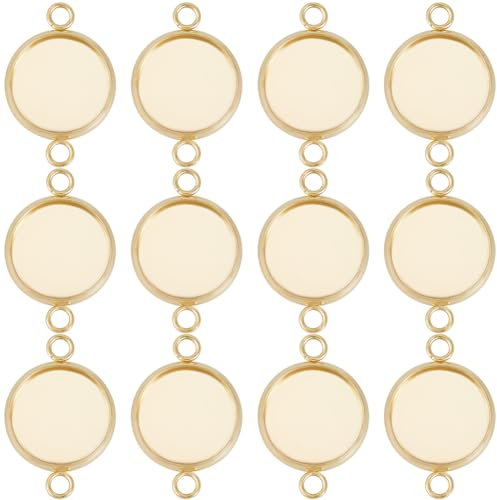Beebeecraft 1 Box 30 Stück Cabochon Anschlussfassungen 24K Vergoldeter Edelstahl Flach Rund Leere Lünette Anhängerschalen Anschluss Cabochon Fassungen Mit 2 Schlaufen Für Die DIY