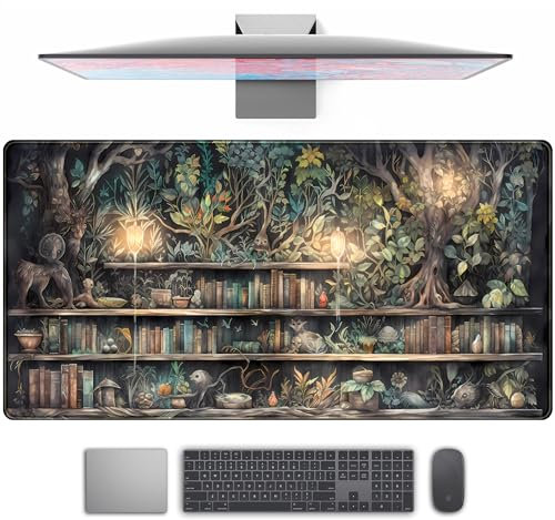 Mauspad Mit Waldbibliotheksbuch - Mystisches Grünes Baumhaus, XXL Erweitertes Großes Gaming-Schreibtischunterlage für Computer, Laptop, Tastatur - Büro-Schreibtisch-Dekor-Pad