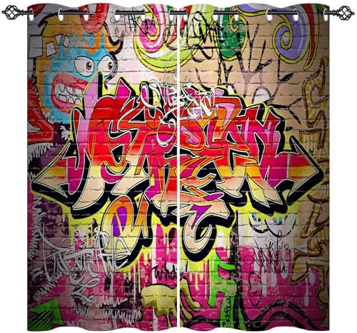 ANHOPE Bunte Städtisch Graffiti Verdunklungsvorhänge mit Ösen Blickdichte Gardinen Thermo Vorhänge Blackout Curtain Kinder Jungen Mädchen Wohnzimmer Schlafzimmer Vorhang 2er Set H 175 x B 140 cm