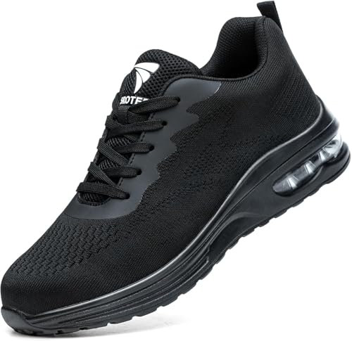WUAYAMI Zapatos De Seguridad Hombre Mujer Zapatillas de Trabajo Ligeros Calzado de Seguridad con Puntera de Acero Calzado De Trabajo Comodo Transpirables, Negro, 44 EU