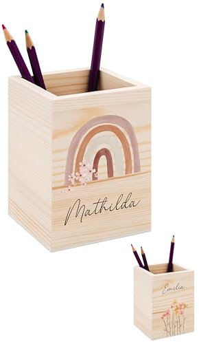 Bärenfreunde® - Personalisierter Stiftehalter Kinder aus Holz - Kreativer und praktischer Schreibtisch-Organizer Kinder mit Namen - Perfektes Einschulung Geschenk und Geburtstag (Regenbogen Blumen)