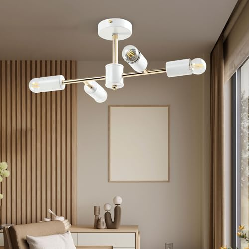 LQWELL® Kronleuchter Industrielle Deckenleuchte Deckenlampe, Modern Chandelier E14 Küchenlampe Schlafzimmerlampe für Wohnzimmer Schlafzimmer Küche, 4 Flammige, Gold Weiß, Keine Glühbirne