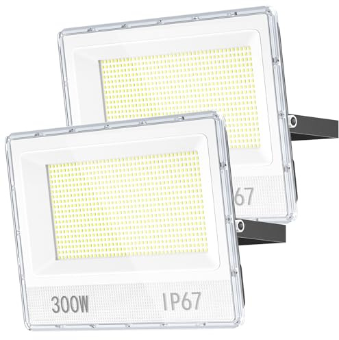 YIQIBRO 300W LED Flood Lights, 2 Pack 20000LM Outdoor Floodlights Mains Powered IP67 Waterproof, 6500K LED Floodlight for Garden/Yard/Stadium