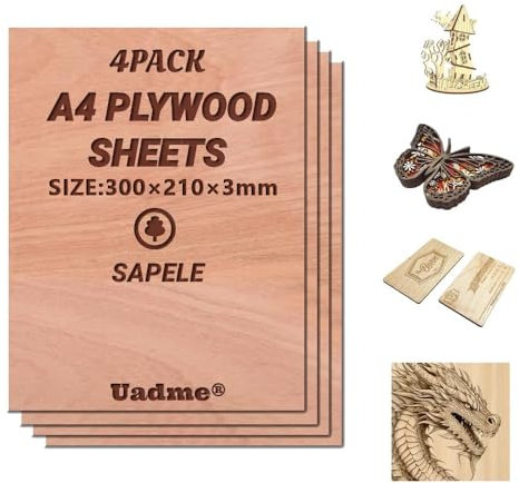 Uadme Feuille Contreplaqué A4, Contreplaqué 3mm, 4 Plaques de Bois Découpe Laser 30x21cm, pour Modélisme Artisanat en Bois Pyrogravure (Sapelli)