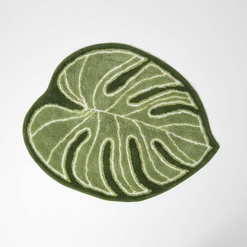 Homescapes Baumwoll-Badematte Monstera 65x80 cm, Badteppich Blatt grün, Badvorleger Blattform