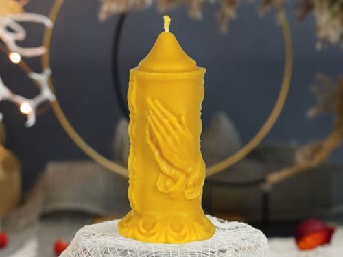 tea4chill Bienenwachskerze aus 100% Bienenwachs, betende Hände, 170 x 85mm, Stumpen, Honigkerze, Geschenk für Weihnachten, handgefertigt