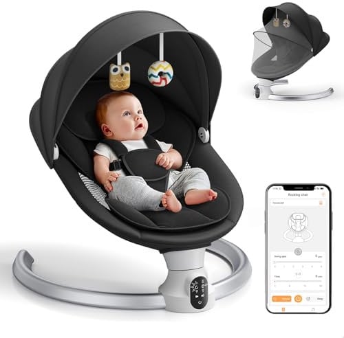 Electric Baby Bouncer Chair for Infants, APP Remote Control Baby Swing with 5 Point Safety Harness 5 Swing Speeds 3 Timers and 10 Music, Automatic Rocker for Newborn 0-6 Month Max 9 kg