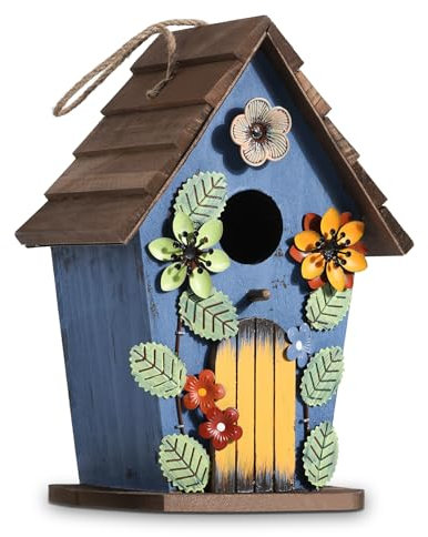 JAZUIHA Hängendes Dekoratives Vogelhaus, Blau mit Blumen- und Blattmotiven, Holz Nistkästen Vogelhäuschen für Garten Balkon Terrasse, 40mm Einflugloch, HBT 26 * 18 * 14cm