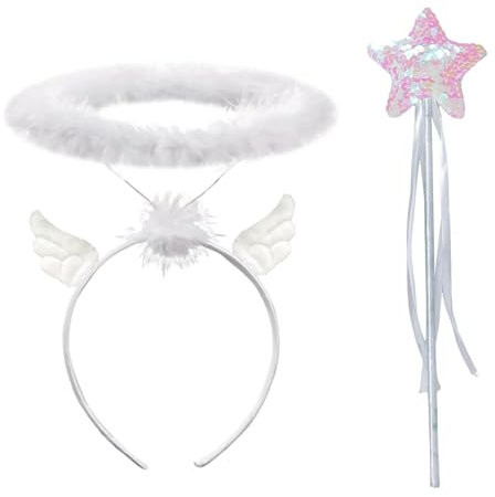 EnixwH Diadema De Halo Color Blanco y Varita Magica, Diadema Ángel con Plumas Talla Única, Accesorio De Disfraz para Navidad, Halloween y Fiestas Religiosas, Complemento De Ángel y Fantasía